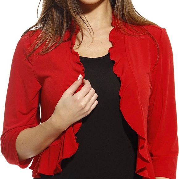 Just Love Sweaters - Just Love red ¾ sleeves, chic ruffled trim bolero shrug jacket cardigan